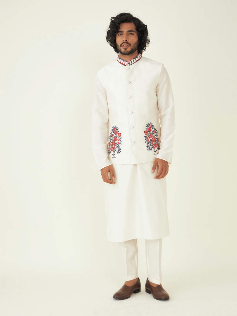 Off-White Silk Chanderi Jacket at Kamakhyaa by RoohbyRidhimaa. This item is Chanderi Silk, Festive Wear, Jackets, Men Jackets, Menswear By RoohbyRidhimaa, Off-white, Qala By RoohbyRidhimaa, Regular Fit, Resham Embroidered, Silk Chanderi