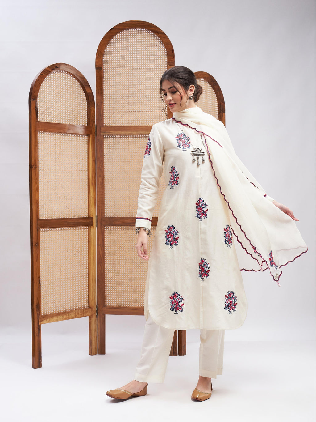 Off-White Silk Kurta Set with Dupatta at Kamakhyaa by RoohbyRidhimaa. This item is Chanderi Silk, Cotton, Dupattas, Embroidered, Kurta Set with Dupattas, Kurta Sets, Off-white, Office Wear, Organza, Regular Fit, Resham, Resham Embroidered, Silk Chanderi, Toxin free
