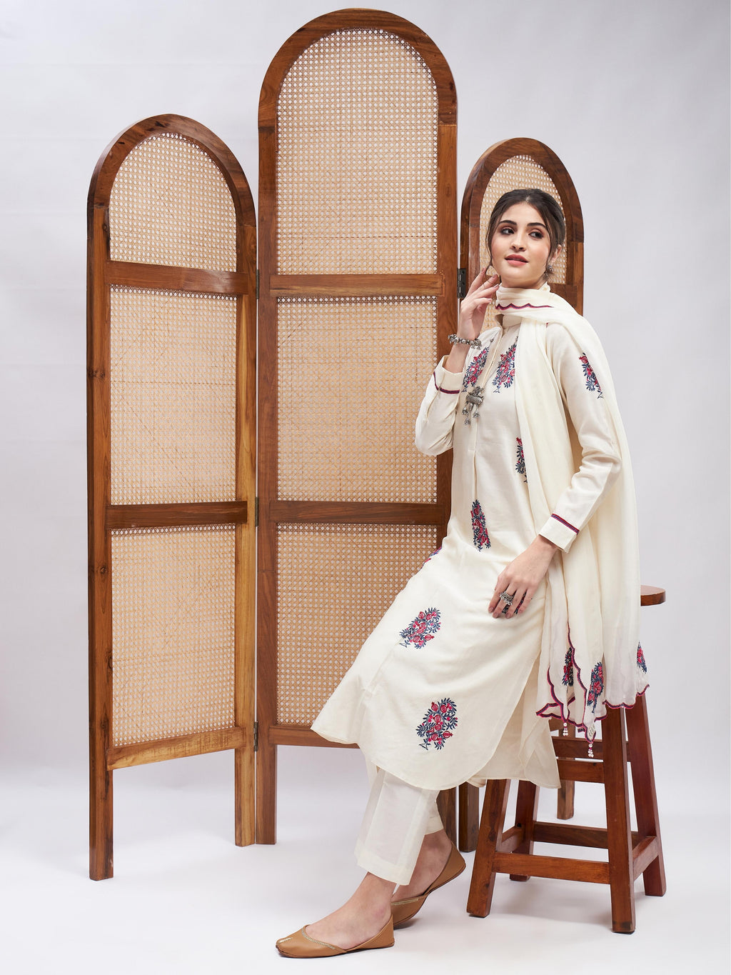 Off-White Silk Kurta Set with Dupatta at Kamakhyaa by RoohbyRidhimaa. This item is Chanderi Silk, Cotton, Dupattas, Embroidered, Kurta Set with Dupattas, Kurta Sets, Off-white, Office Wear, Organza, Regular Fit, Resham, Resham Embroidered, Silk Chanderi, Toxin free