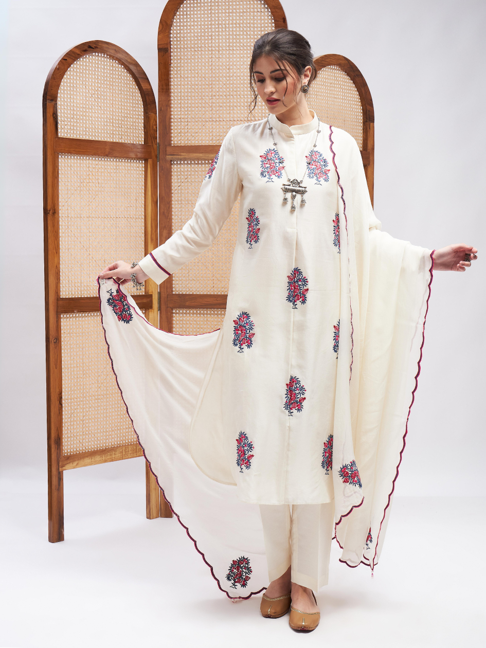 Off-White Silk Kurta Set with Dupatta at Kamakhyaa by RoohbyRidhimaa. This item is Chanderi Silk, Cotton, Dupattas, Embroidered, Kurta Set with Dupattas, Kurta Sets, Off-white, Office Wear, Organza, Regular Fit, Resham, Resham Embroidered, Silk Chanderi, Toxin free