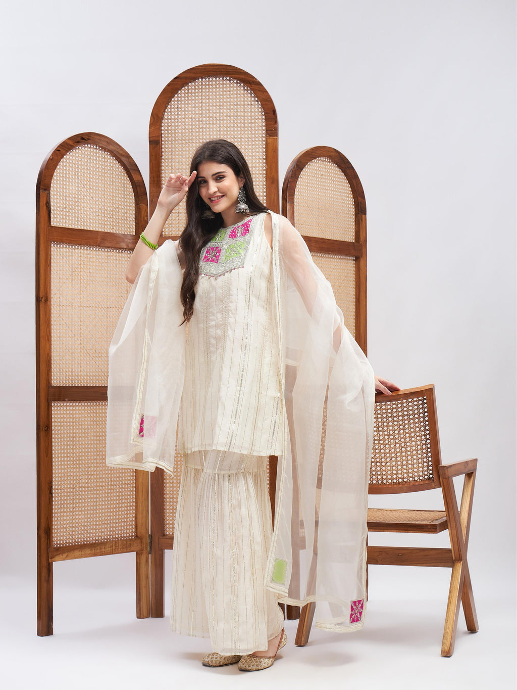 Off-White Sleeveless Kurta Set with Dupatta at Kamakhyaa by RoohbyRidhimaa. This item is Chanderi Silk, Cotton Mulmul, Dupattas, Festive Wear, Kurta Set with Dupattas, Kurta Sets, Off-white, Regular Fit, Silk Chanderi, Silk Organza, Toxin free, Zari Embroidered