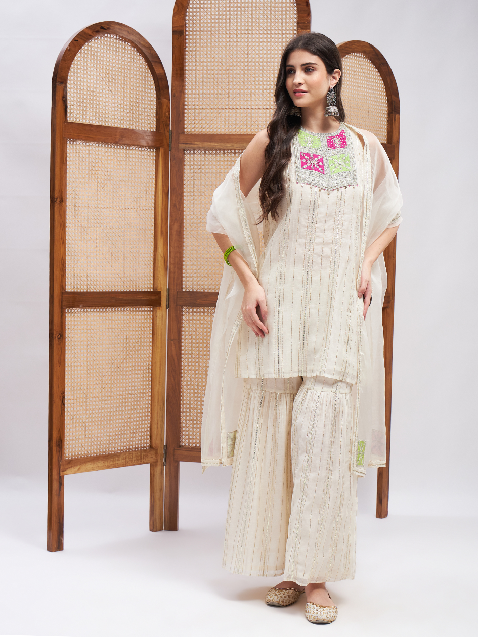 Off-White Sleeveless Kurta Set with Dupatta at Kamakhyaa by RoohbyRidhimaa. This item is Chanderi Silk, Cotton Mulmul, Dupattas, Festive Wear, Kurta Set with Dupattas, Kurta Sets, Off-white, Regular Fit, Silk Chanderi, Silk Organza, Toxin free, Zari Embroidered