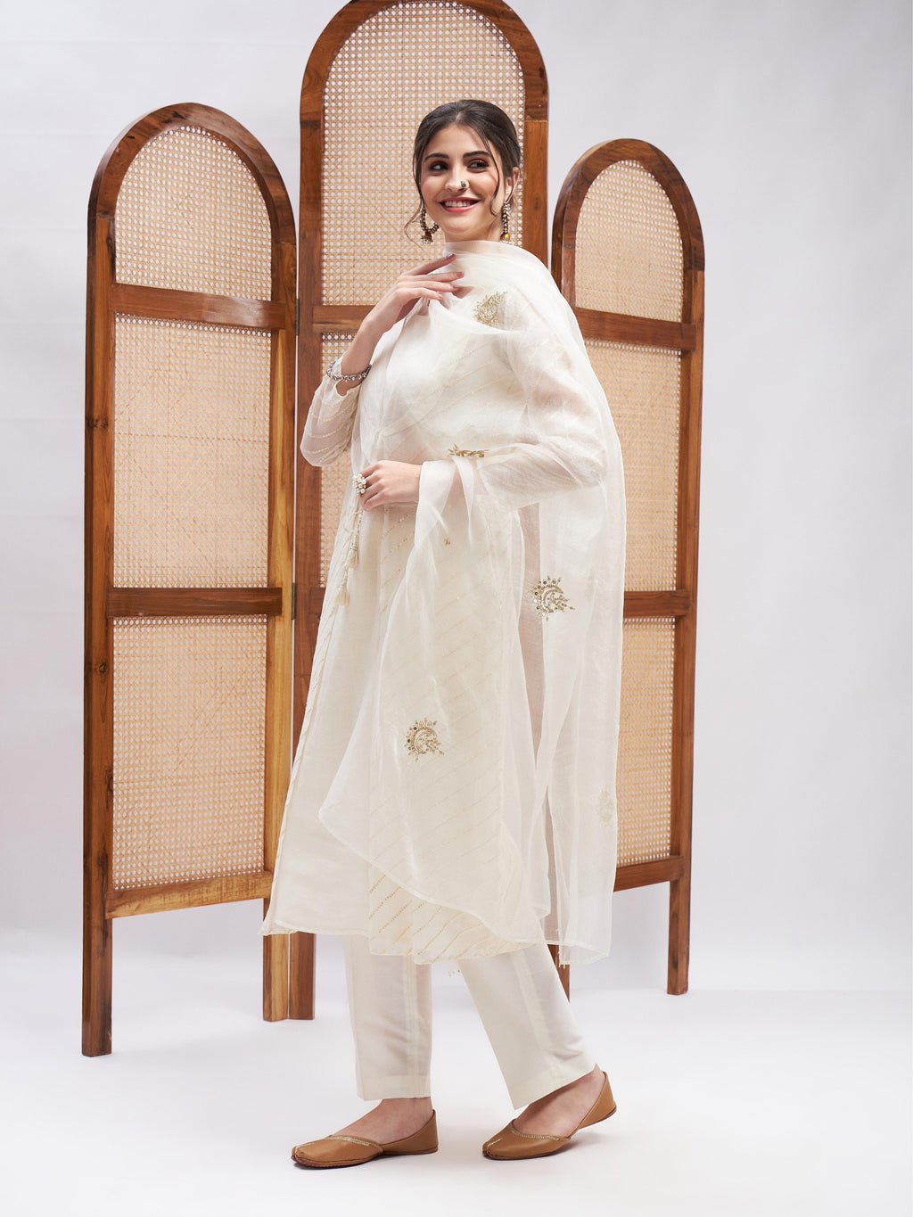 Off-White Zari Embroidered Organza Kurta Set with Dupatta at Kamakhyaa by RoohbyRidhimaa. This item is Casual Wear, Chanderi Silk, Cotton Mulmul, Dupattas, Kurta Set with Dupattas, Kurta Sets, Off-white, Organza, Regular Fit, Silk Chanderi, Silk Organza, Toxin free, Zari Embroidered