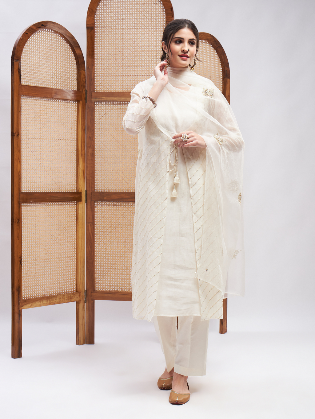 Off-White Zari Embroidered Organza Kurta Set with Dupatta at Kamakhyaa by RoohbyRidhimaa. This item is Casual Wear, Chanderi Silk, Cotton Mulmul, Dupattas, Kurta Set with Dupattas, Kurta Sets, Off-white, Organza, Regular Fit, Silk Chanderi, Silk Organza, Toxin free, Zari Embroidered
