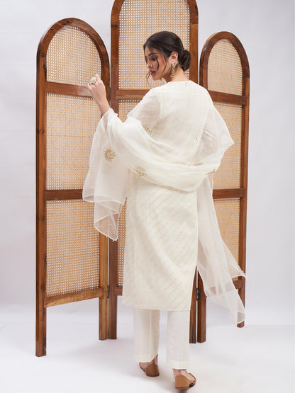 Off-White Zari Embroidered Organza Kurta Set with Dupatta at Kamakhyaa by RoohbyRidhimaa. This item is Casual Wear, Chanderi Silk, Cotton Mulmul, Dupattas, Kurta Set with Dupattas, Kurta Sets, Off-white, Organza, Regular Fit, Silk Chanderi, Silk Organza, Toxin free, Zari Embroidered