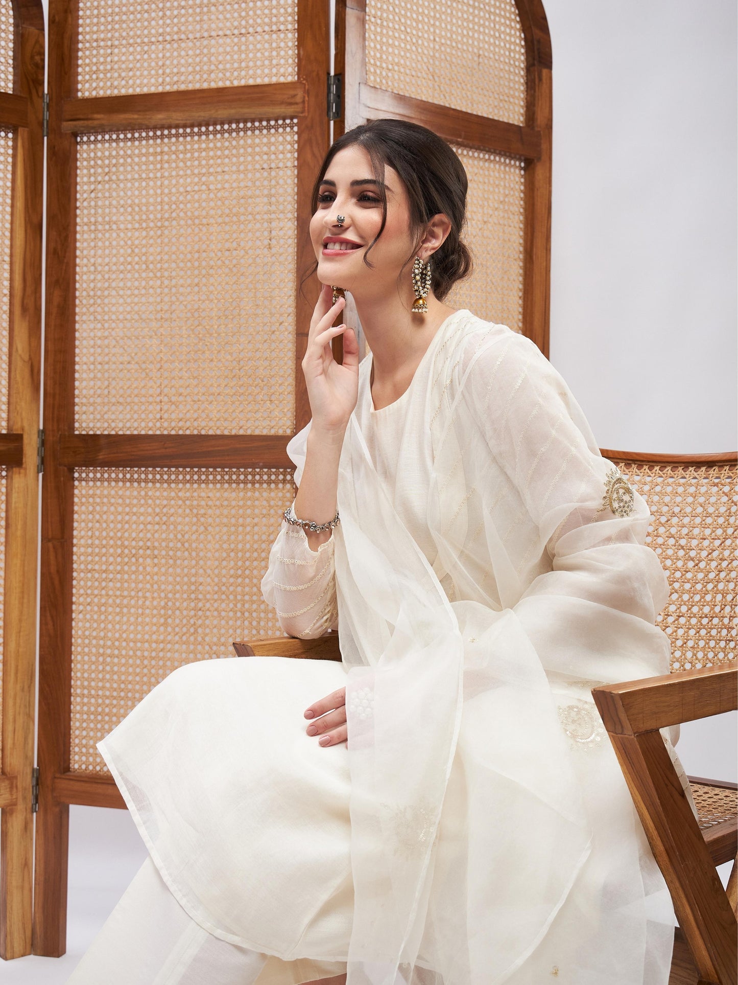 Off-White Zari Embroidered Organza Kurta Set with Dupatta at Kamakhyaa by RoohbyRidhimaa. This item is Casual Wear, Chanderi Silk, Cotton Mulmul, Dupattas, Kurta Set with Dupattas, Kurta Sets, Off-white, Organza, Regular Fit, Silk Chanderi, Silk Organza, Toxin free, Zari Embroidered