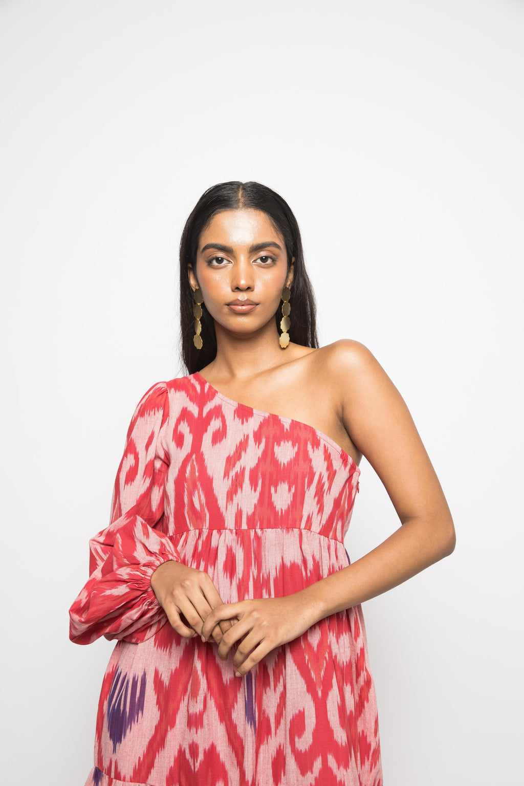 One Shoulder Tier Maxi at kamakhyaa.com by Anushé Pirani. This item is 100% Cotton, Beach Wear, Brunch Wear, Casual Wear, Console Collection List, Cotton, Fresh Ink by Anushe Pirani, Handwoven cotton, Ikat Prints, Light Pink, Pink, Regular Fit, Resort Wear, Vacation Wear, Womenswear