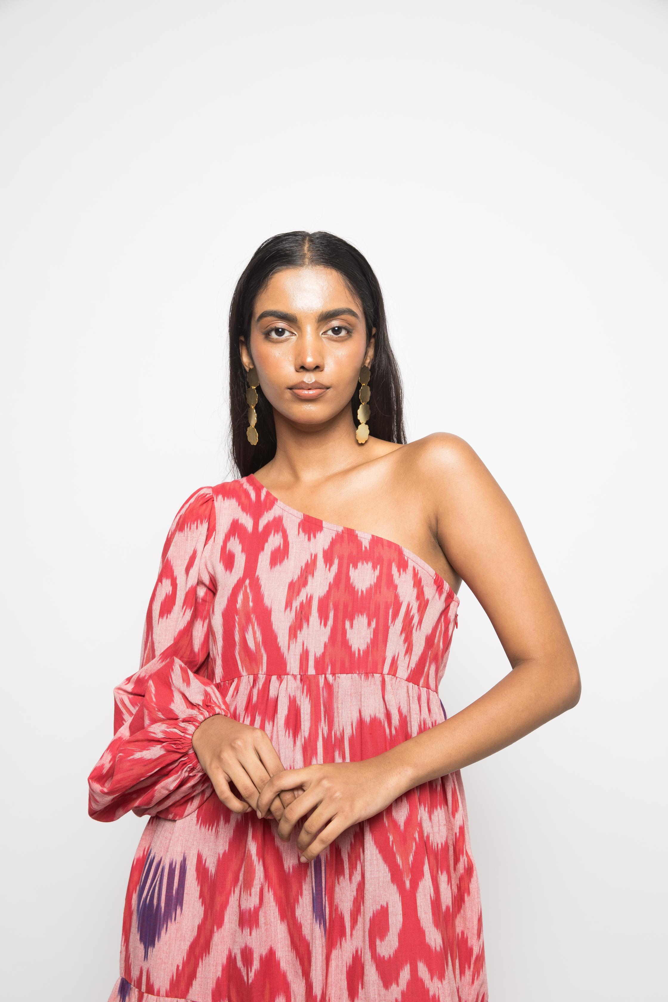 One Shoulder Tier Maxi at kamakhyaa.com by Anushé Pirani. This item is 100% Cotton, Beach Wear, Brunch Wear, Casual Wear, Console Collection List, Cotton, Fresh Ink by Anushe Pirani, Handwoven cotton, Ikat Prints, Light Pink, Pink, Regular Fit, Resort Wear, Vacation Wear, Womenswear