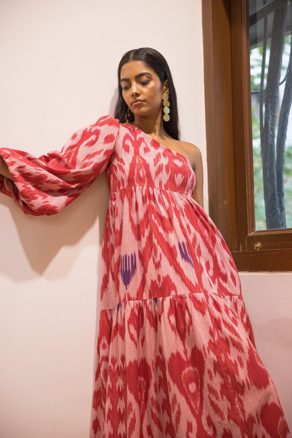 One Shoulder Tier Maxi at kamakhyaa.com by Anushé Pirani. This item is 100% Cotton, Beach Wear, Brunch Wear, Casual Wear, Console Collection List, Cotton, Fresh Ink by Anushe Pirani, Handwoven cotton, Ikat Prints, Light Pink, Pink, Regular Fit, Resort Wear, Vacation Wear, Womenswear