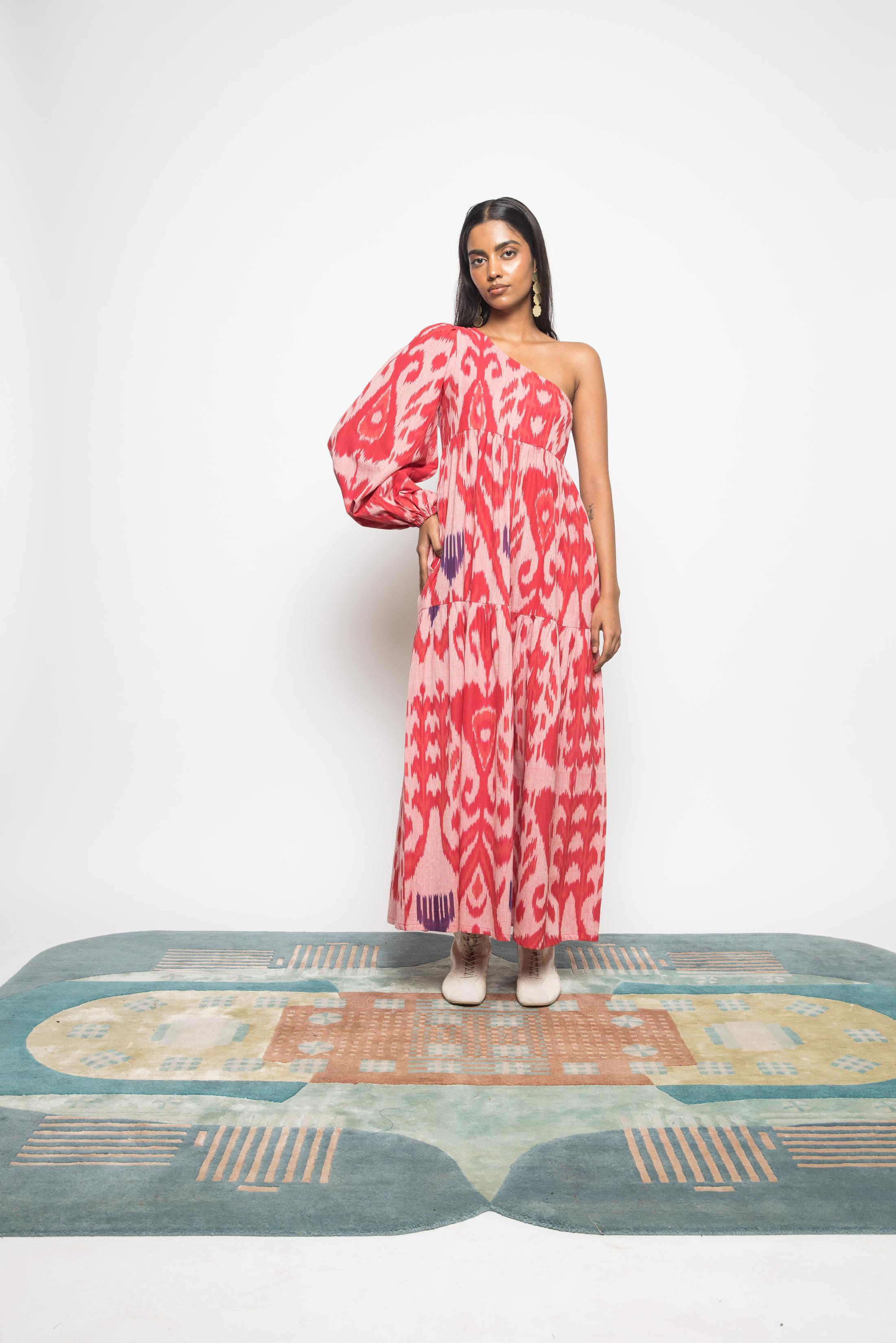 One Shoulder Tier Maxi at kamakhyaa.com by Anushé Pirani. This item is 100% Cotton, Beach Wear, Brunch Wear, Casual Wear, Console Collection List, Cotton, Fresh Ink by Anushe Pirani, Handwoven cotton, Ikat Prints, Light Pink, Pink, Regular Fit, Resort Wear, Vacation Wear, Womenswear