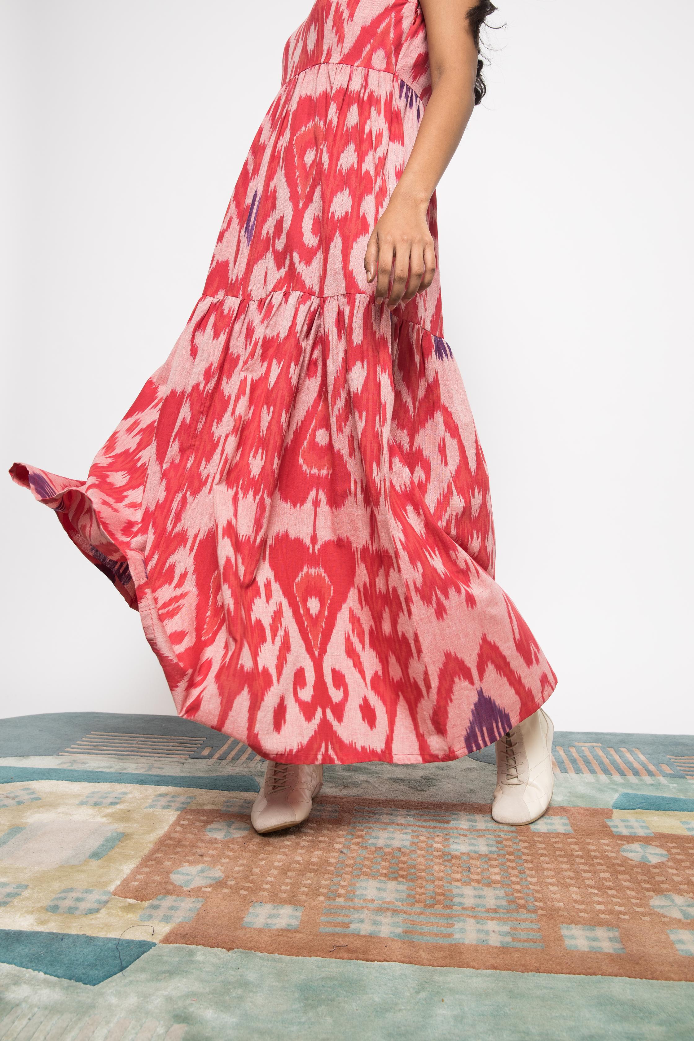 One Shoulder Tier Maxi at kamakhyaa.com by Anushé Pirani. This item is 100% Cotton, Beach Wear, Brunch Wear, Casual Wear, Console Collection List, Cotton, Fresh Ink by Anushe Pirani, Handwoven cotton, Ikat Prints, Light Pink, Pink, Regular Fit, Resort Wear, Vacation Wear, Womenswear
