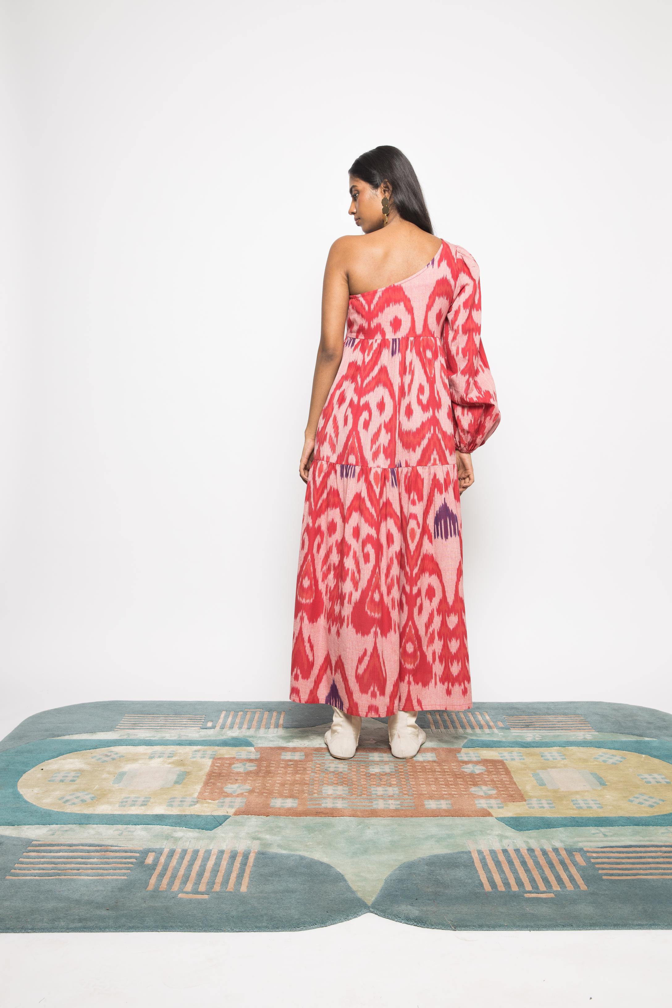 One Shoulder Tier Maxi at kamakhyaa.com by Anushé Pirani. This item is 100% Cotton, Beach Wear, Brunch Wear, Casual Wear, Console Collection List, Cotton, Fresh Ink by Anushe Pirani, Handwoven cotton, Ikat Prints, Light Pink, Pink, Regular Fit, Resort Wear, Vacation Wear, Womenswear
