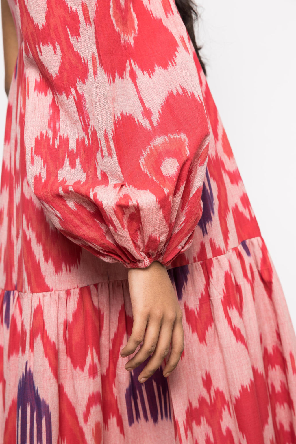 One Shoulder Tier Maxi at kamakhyaa.com by Anushé Pirani. This item is 100% Cotton, Beach Wear, Brunch Wear, Casual Wear, Console Collection List, Cotton, Fresh Ink by Anushe Pirani, Handwoven cotton, Ikat Prints, Light Pink, Pink, Regular Fit, Resort Wear, Vacation Wear, Womenswear