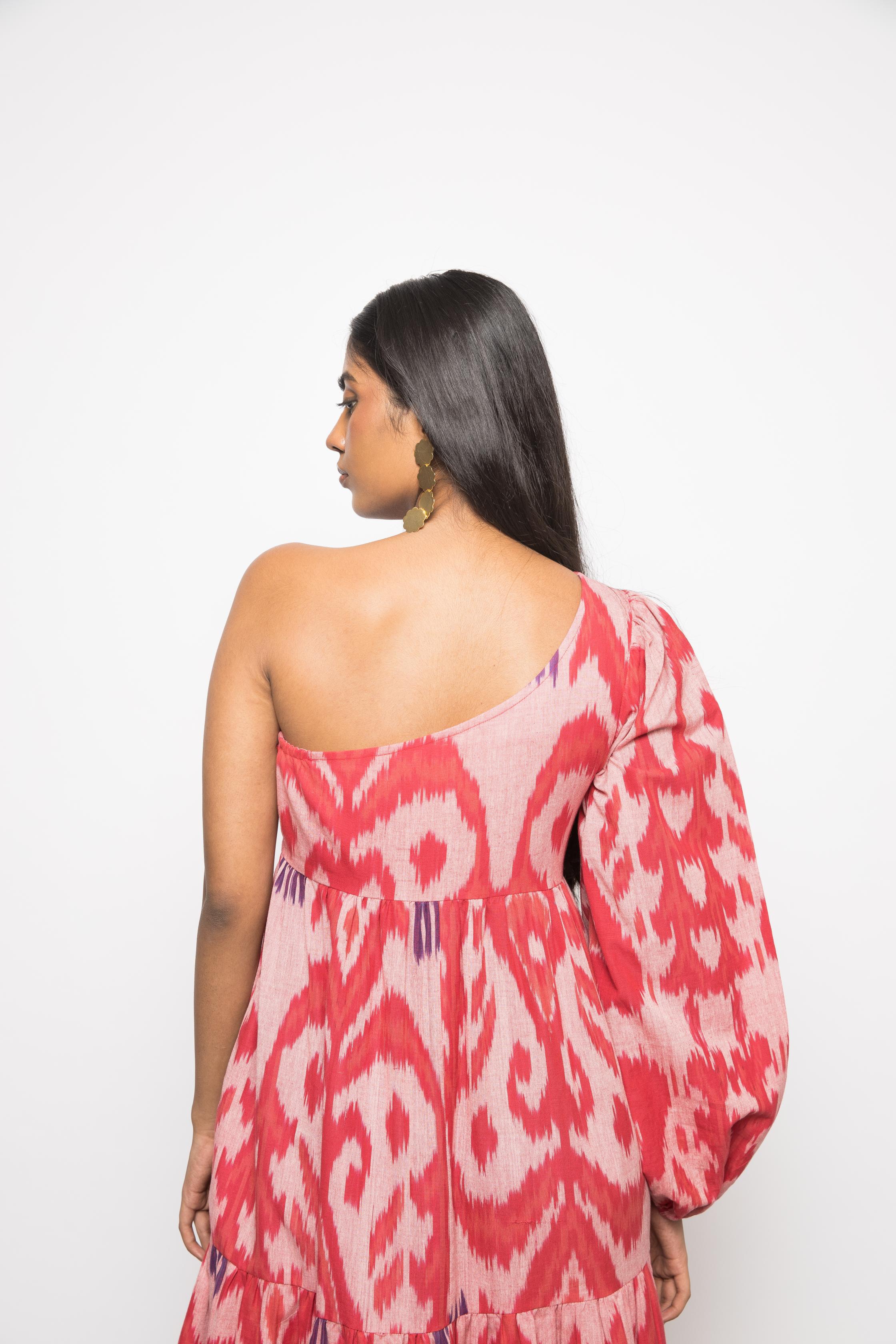 One Shoulder Tier Maxi at kamakhyaa.com by Anushé Pirani. This item is 100% Cotton, Beach Wear, Brunch Wear, Casual Wear, Console Collection List, Cotton, Fresh Ink by Anushe Pirani, Handwoven cotton, Ikat Prints, Light Pink, Pink, Regular Fit, Resort Wear, Vacation Wear, Womenswear