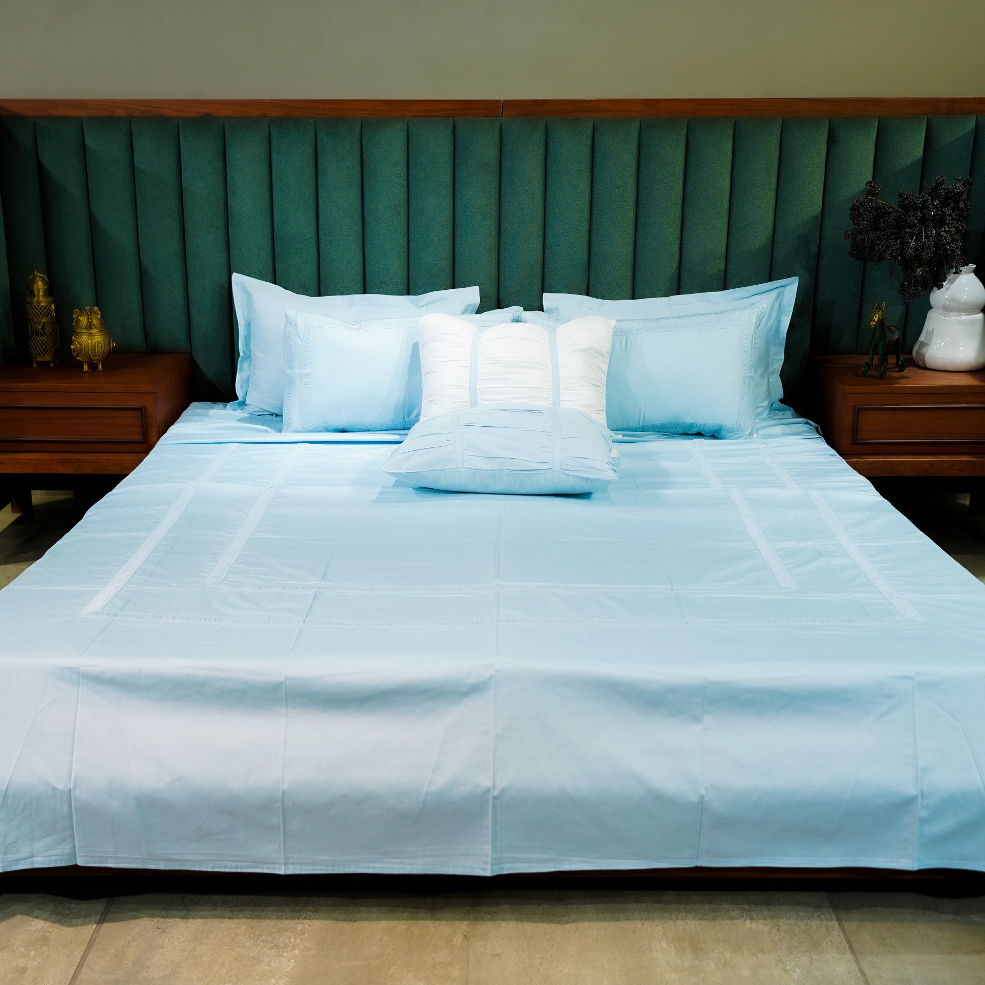 Opulent Edge| Designer Bed Sheet Set| Baby Blue| 100%Cotton at Kamakhyaa by Kamakhyaa. This item is designer bedsheets