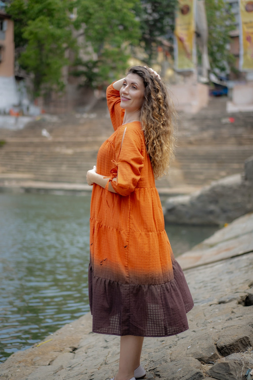 Orange Brown Ombre Dyed Dress at Kamakhyaa by Krushnachuda. This item is Chilika by Krushnachuda, Handloom Cotton, Loose Fit, Natural Dye, Ombre & Dyes, Orange, Organic, Outerwear, Under $200, Womenswear