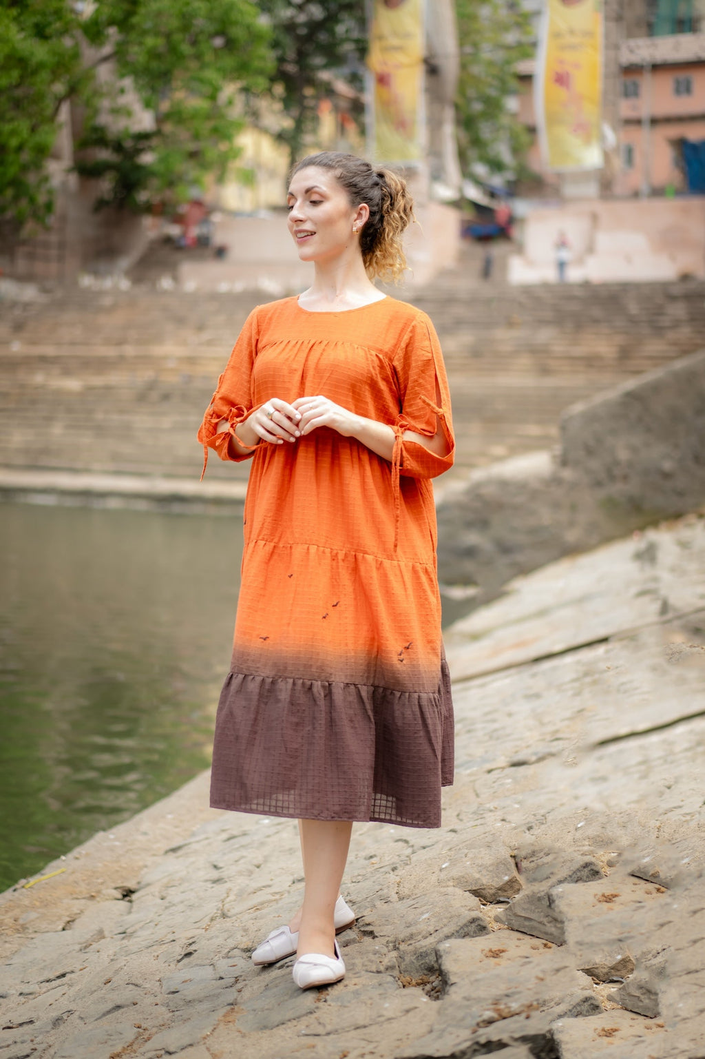 Orange Brown Ombre Dyed Dress at Kamakhyaa by Krushnachuda. This item is Chilika by Krushnachuda, Handloom Cotton, Loose Fit, Natural Dye, Ombre & Dyes, Orange, Organic, Outerwear, Under $200, Womenswear