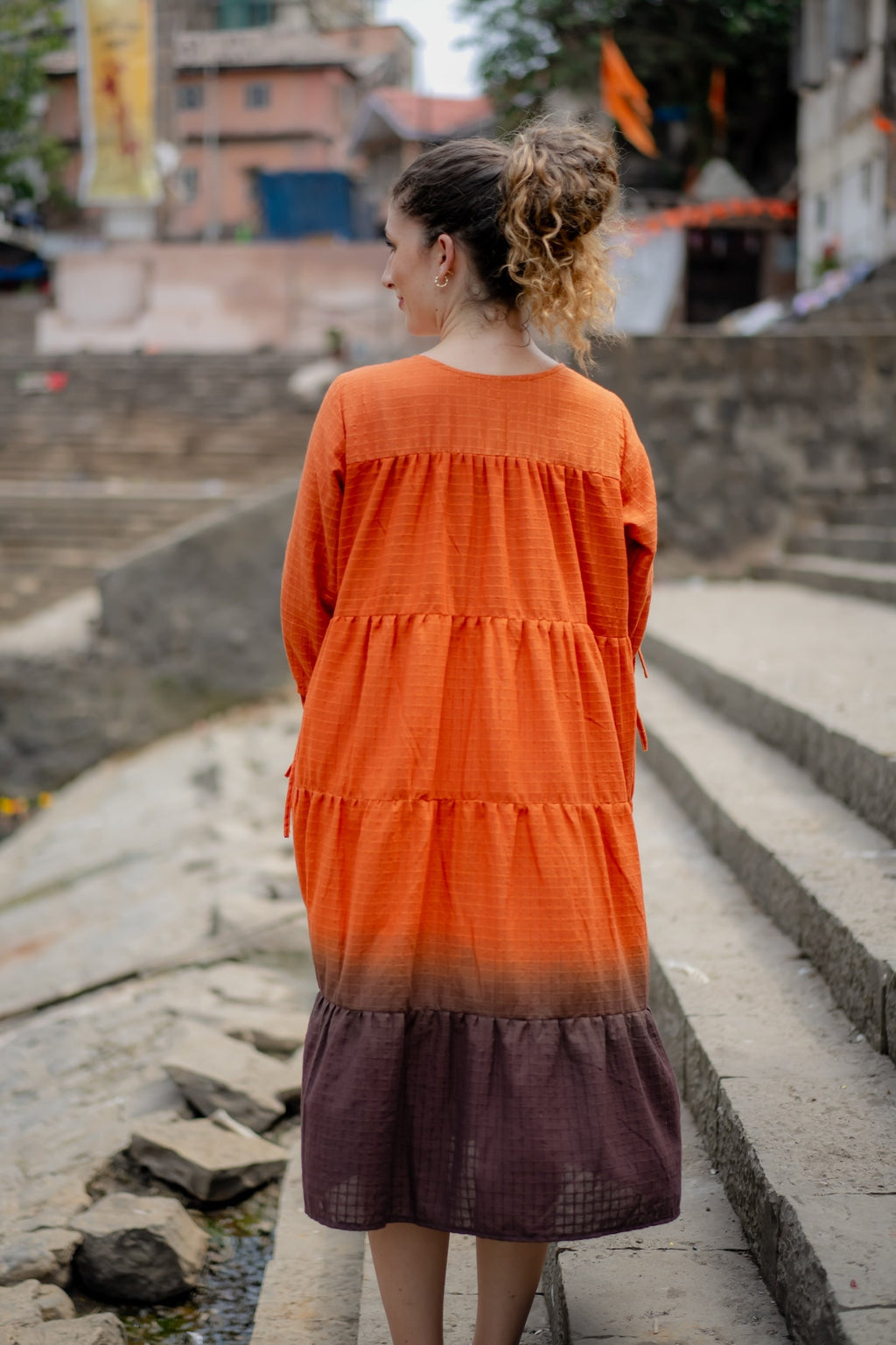 Orange Brown Ombre Dyed Dress at Kamakhyaa by Krushnachuda. This item is Chilika by Krushnachuda, Handloom Cotton, Loose Fit, Natural Dye, Ombre & Dyes, Orange, Organic, Outerwear, Under $200, Womenswear