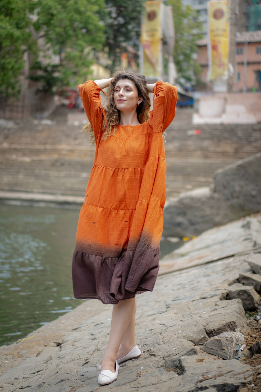 Orange Brown Ombre Dyed Dress at Kamakhyaa by Krushnachuda. This item is Chilika by Krushnachuda, Handloom Cotton, Loose Fit, Natural Dye, Ombre & Dyes, Orange, Organic, Outerwear, Under $200, Womenswear