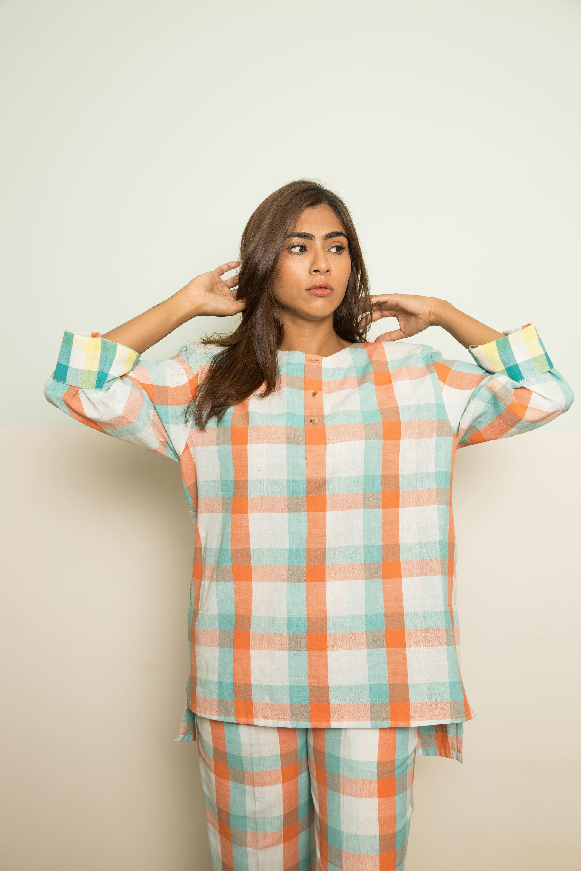 Orange Casual Co-ord at Kamakhyaa by Anushé Pirani. This item is 100% Cotton, Casual Wear, Checks, Handwoven, Handwoven Cotton, Lounge Wear Co-ords, Orange, Regular Fit, The Co-ord Edit, Womenswear