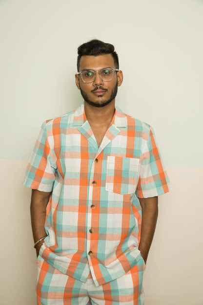 Orange Checks Mens Co-ord at Kamakhyaa by Anushé Pirani. This item is 100% Cotton, Casual Wear, Checks, Handwoven, Handwoven Cotton, Lounge Wear Co-ords, Orange, Regular Fit, The Co-ord Edit, The Co-ord Edit by Anushe Pirani, Womenswear