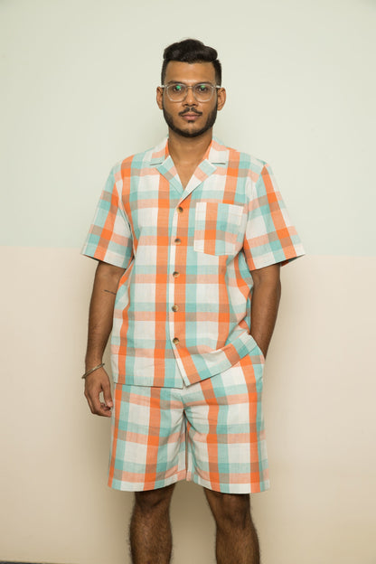 Orange Checks Mens Co-ord at Kamakhyaa by Anushé Pirani. This item is 100% Cotton, Casual Wear, Checks, Handwoven, Handwoven Cotton, Lounge Wear Co-ords, Orange, Regular Fit, The Co-ord Edit, The Co-ord Edit by Anushe Pirani, Womenswear