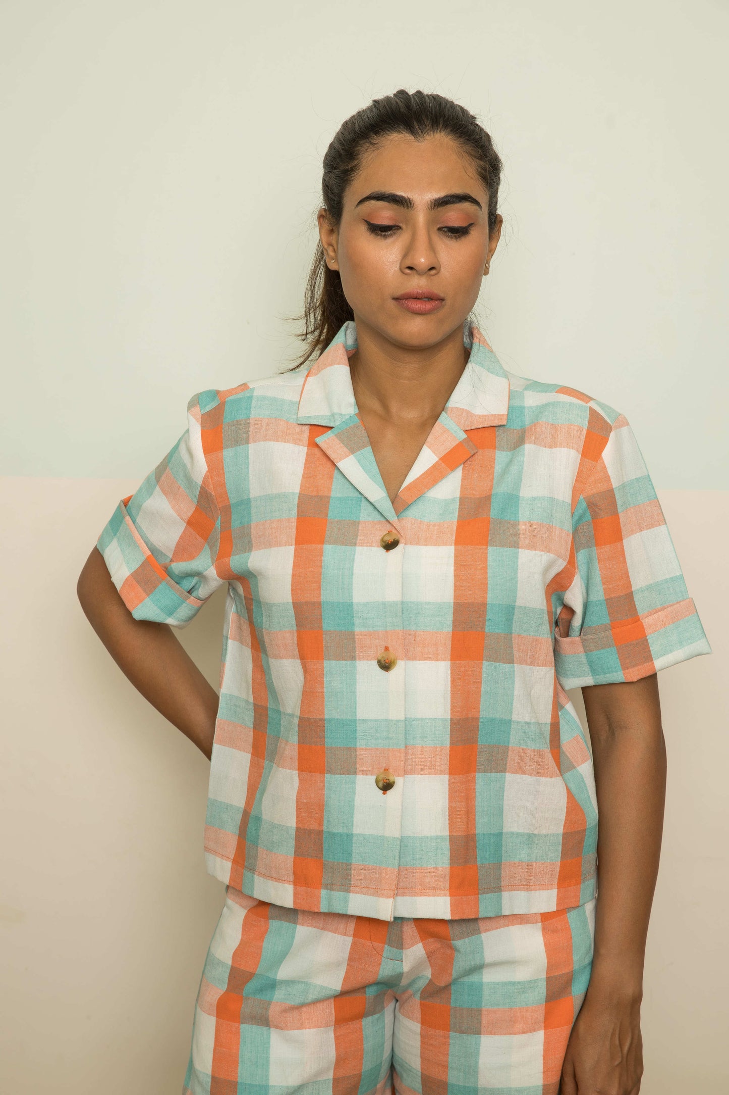 Orange Cotton Co-ord at Kamakhyaa by Anushé Pirani. This item is 100% Cotton, Casual Wear, Checks, Handwoven, Handwoven Cotton, Lounge Wear Co-ords, Orange, Regular Fit, The Co-ord Edit, Womenswear