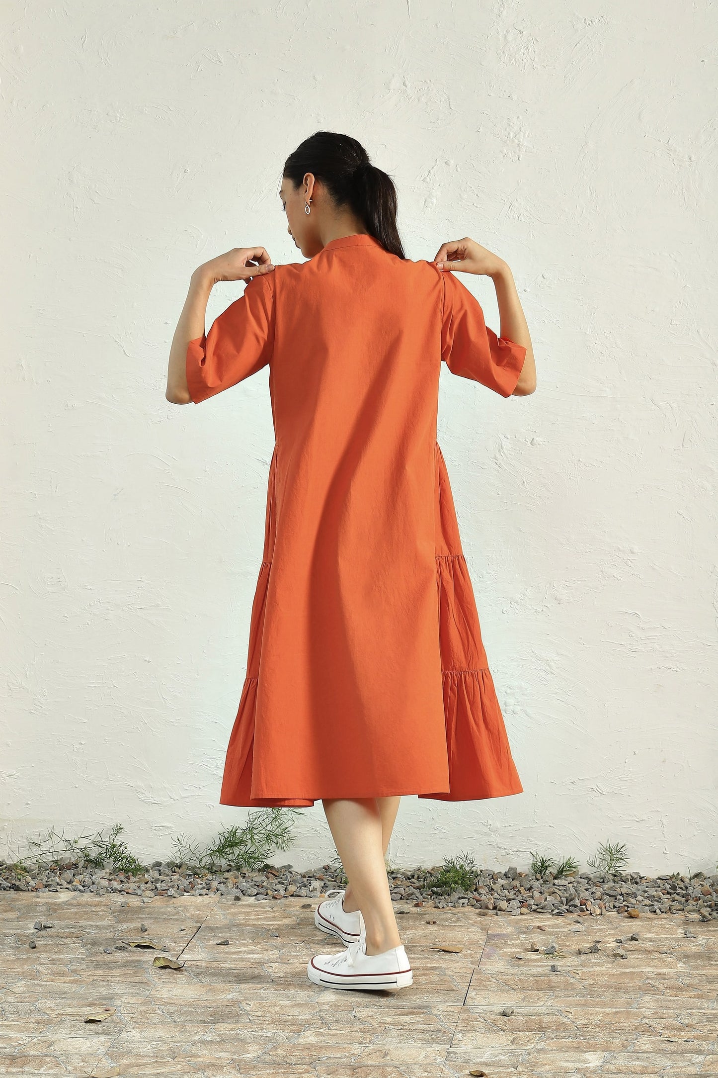 Orange Cotton Poplin Gathered Midi Dress at Kamakhyaa by Canoopi. This item is Canoopi, Casual Wear, Dresses, Natural, Orange, Poplin, Regular Fit, Solids, Tiered Dresses, Womenswear