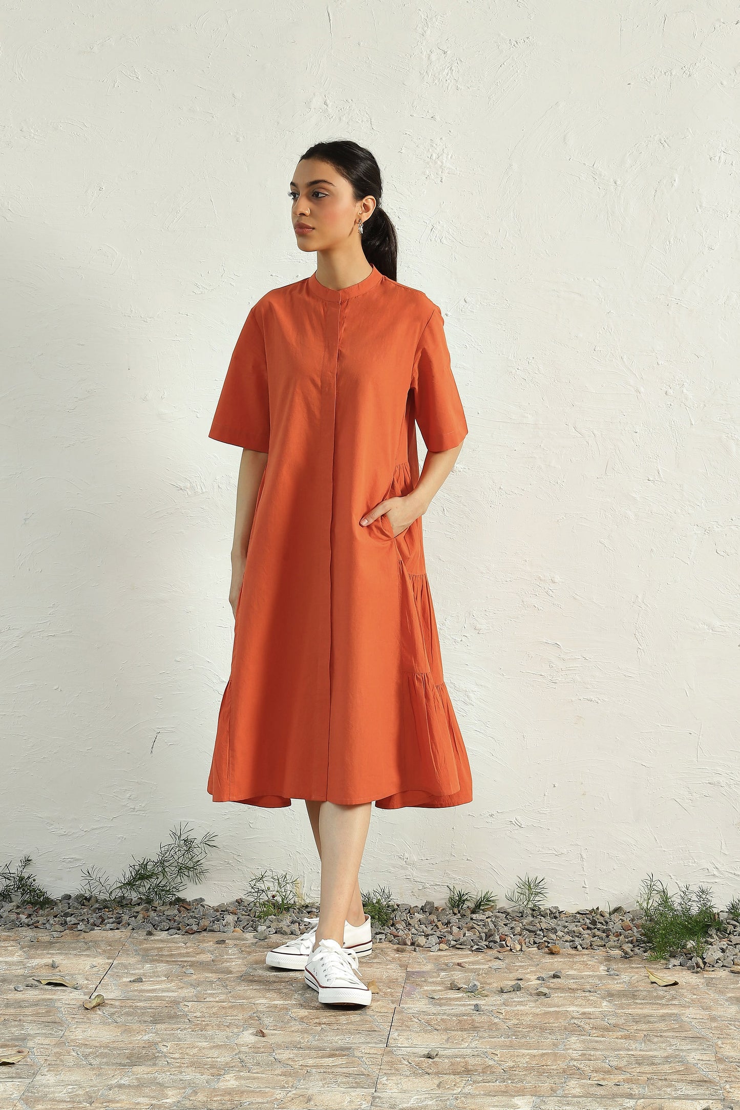 Orange Cotton Poplin Gathered Midi Dress at Kamakhyaa by Canoopi. This item is Canoopi, Casual Wear, Dresses, Natural, Orange, Poplin, Regular Fit, Solids, Tiered Dresses, Womenswear