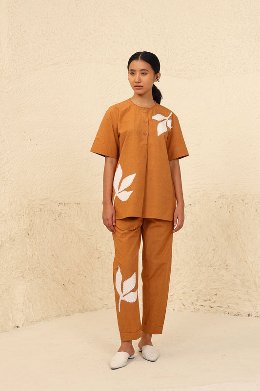 Orange Cotton Solid Co-ord Set at Kamakhyaa by Kanelle. This item is Cotton Poplin, Evening Wear, Floral, Made from Natural Materials, One by One by Kanelle, Orange, Regular Fit, Travel Co-ords
