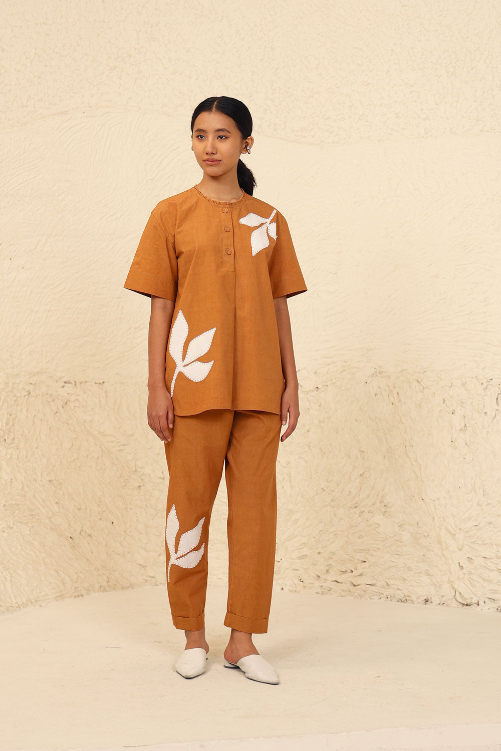 Orange Cotton Solid Co-ord Set at Kamakhyaa by Kanelle. This item is Cotton Poplin, Evening Wear, Floral, Made from Natural Materials, One by One by Kanelle, Orange, Regular Fit, Travel Co-ords
