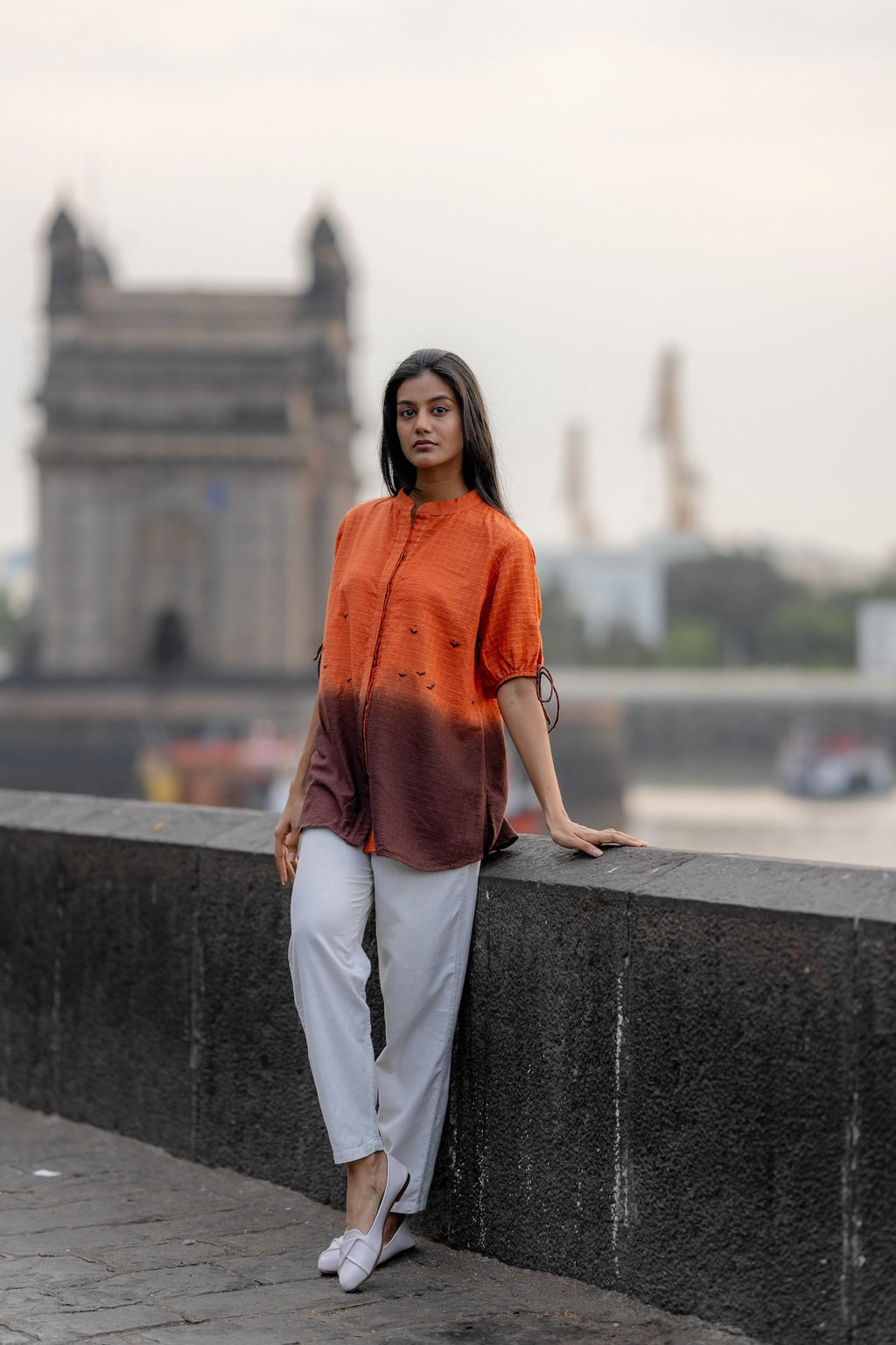 Orange Ombre Dyed Handwoven Shirt at Kamakhyaa by Krushnachuda. This item is Chilika by Krushnachuda, Handloom Cotton, Loose Fit, Natural Dye, Ombre & Dyes, Orange, Organic, Outerwear, Under $150, Womenswear