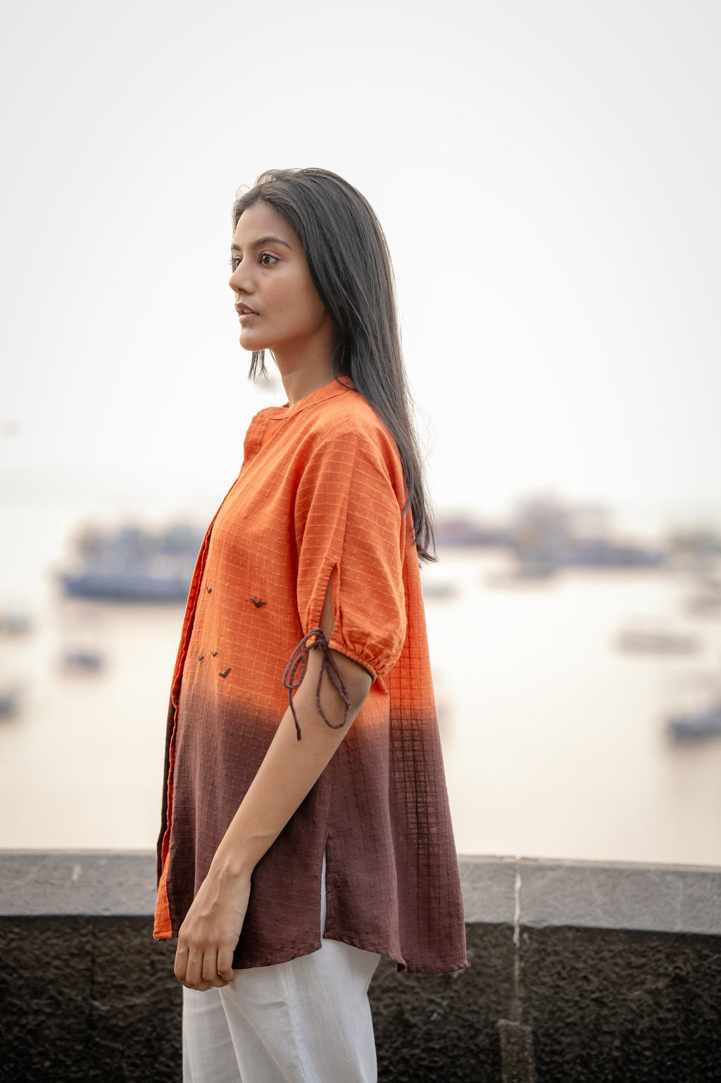 Orange Ombre Dyed Handwoven Shirt at Kamakhyaa by Krushnachuda. This item is Chilika by Krushnachuda, Handloom Cotton, Loose Fit, Natural Dye, Ombre & Dyes, Orange, Organic, Outerwear, Under $150, Womenswear