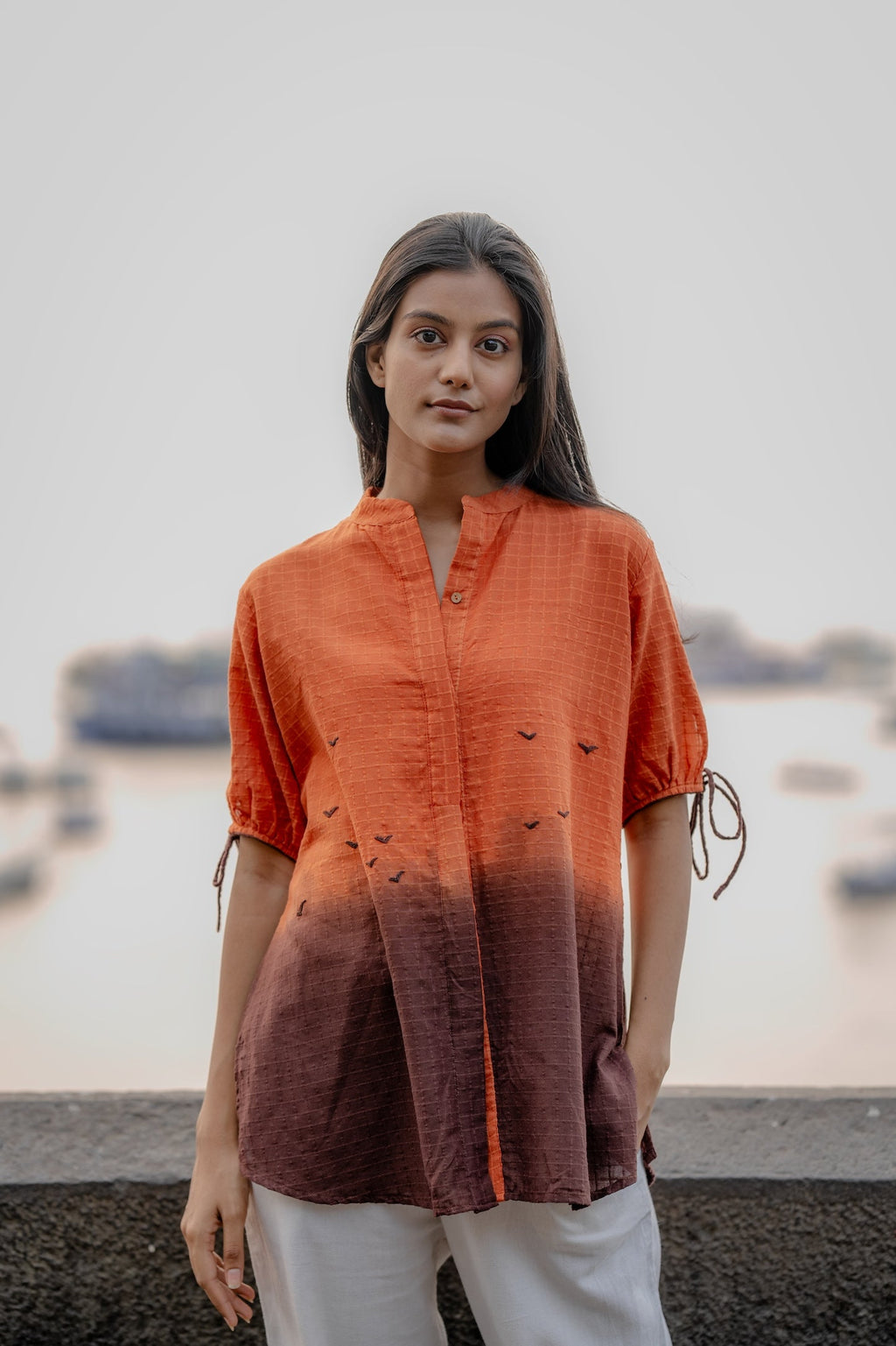 Orange Ombre Dyed Handwoven Shirt at Kamakhyaa by Krushnachuda. This item is Chilika by Krushnachuda, Handloom Cotton, Loose Fit, Natural Dye, Ombre & Dyes, Orange, Organic, Outerwear, Under $150, Womenswear
