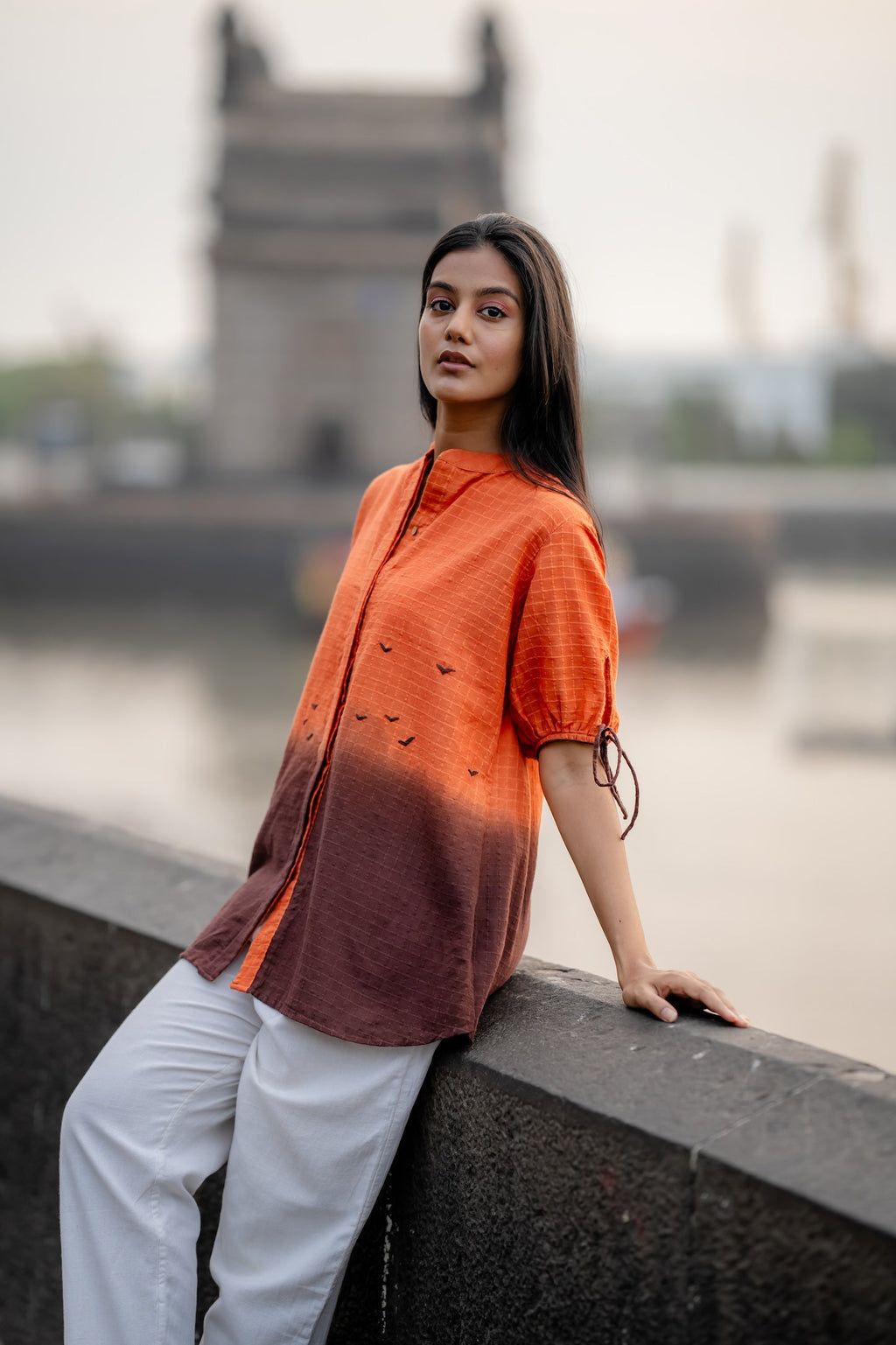 Orange Ombre Dyed Handwoven Shirt at Kamakhyaa by Krushnachuda. This item is Chilika by Krushnachuda, Handloom Cotton, Loose Fit, Natural Dye, Ombre & Dyes, Orange, Organic, Outerwear, Under $150, Womenswear