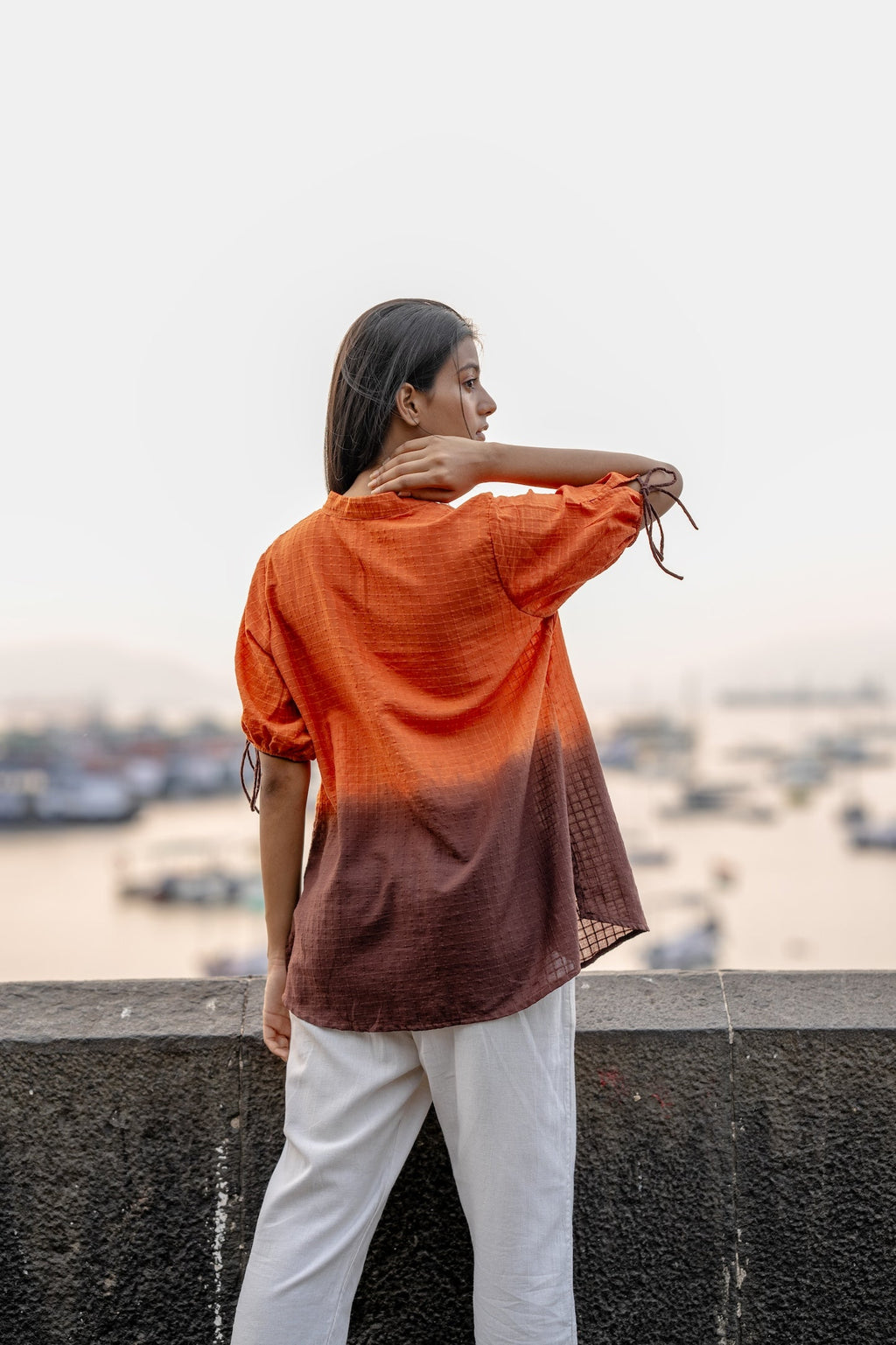 Orange Ombre Dyed Handwoven Shirt at Kamakhyaa by Krushnachuda. This item is Chilika by Krushnachuda, Handloom Cotton, Loose Fit, Natural Dye, Ombre & Dyes, Orange, Organic, Outerwear, Under $150, Womenswear