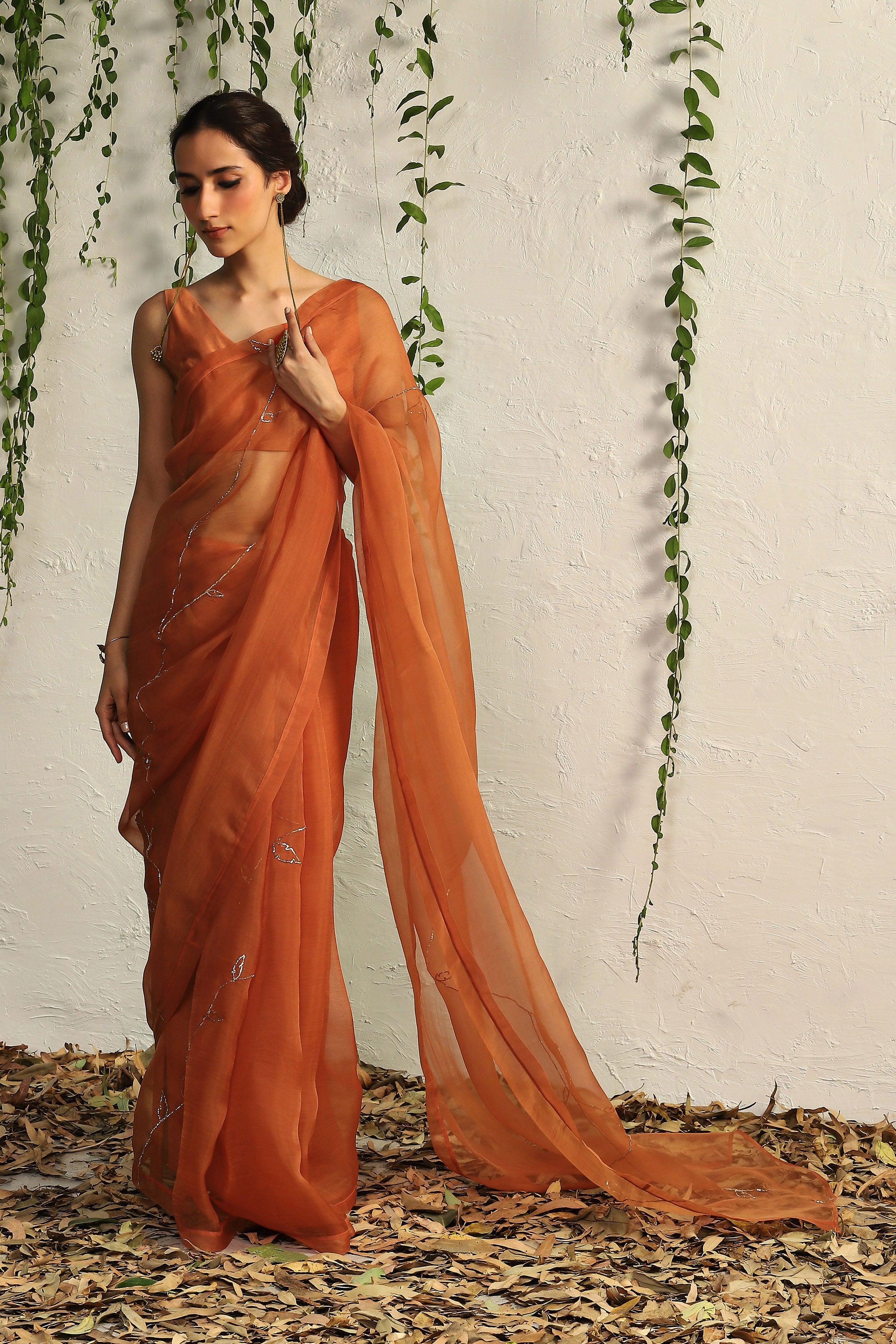 Orange Organza Nakshi Saree With Blouse Set of 2 C 0