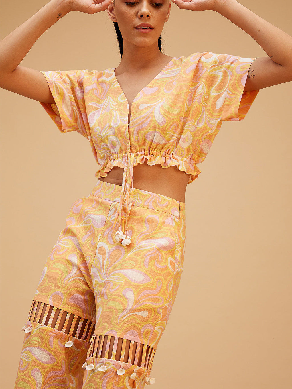 Orange Printed Regular Fit Co-ord Set at Kamakhyaa by Bohobi. This item is 100% Cotton, Fusion Wear, Maze Prints, Orange, Regular Fit, Toxin free, Vacation Co-ord Sets