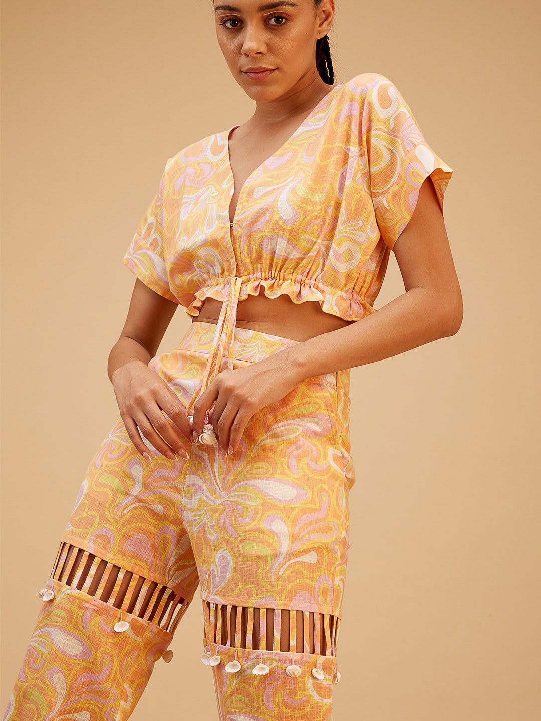 Orange Printed Regular Fit Co-ord Set at Kamakhyaa by Bohobi. This item is 100% Cotton, Fusion Wear, Maze Prints, Orange, Regular Fit, Toxin free, Vacation Co-ord Sets