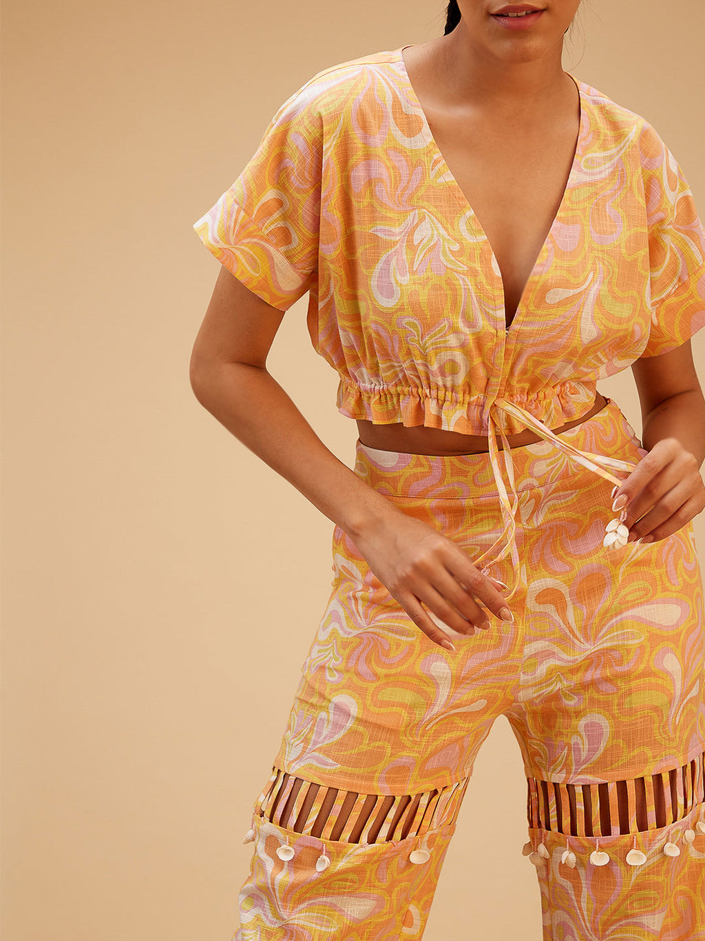 Orange Printed Regular Fit Co-ord Set at Kamakhyaa by Bohobi. This item is 100% Cotton, Fusion Wear, Maze Prints, Orange, Regular Fit, Toxin free, Vacation Co-ord Sets