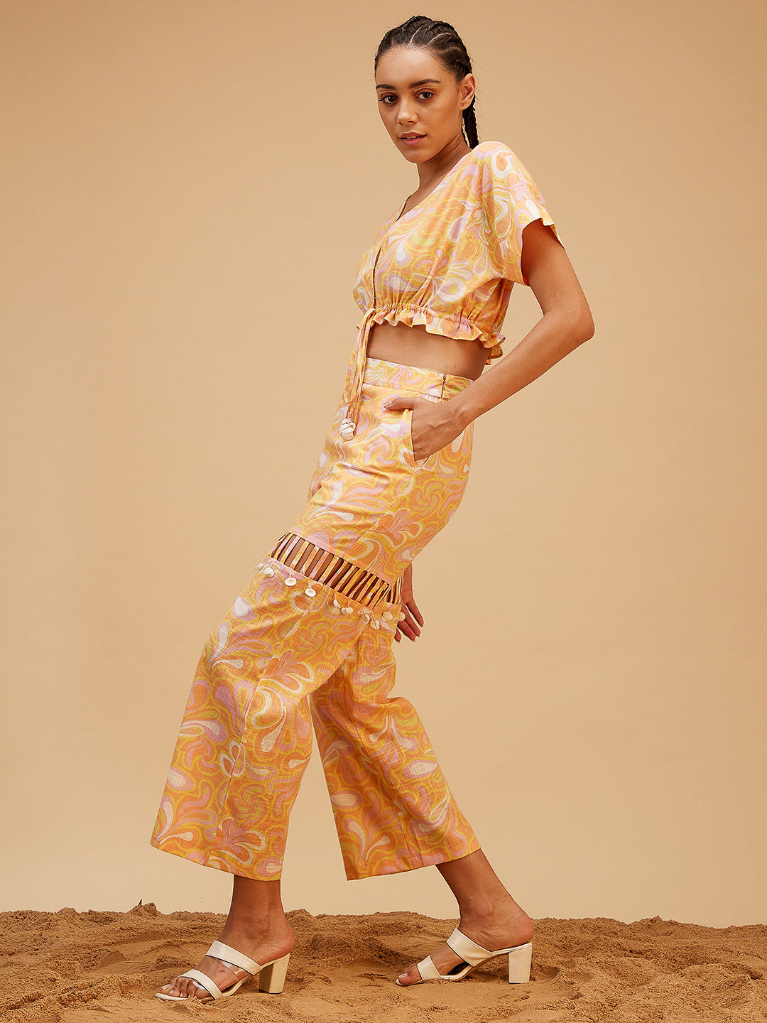 Orange Printed Regular Fit Co-ord Set at Kamakhyaa by Bohobi. This item is 100% Cotton, Fusion Wear, Maze Prints, Orange, Regular Fit, Toxin free, Vacation Co-ord Sets