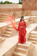 Orange Silk Organza Sharara Set at Kamakhyaa by Chambray & Co.. This item is Chambray & Co, Embroidered, Indian Wear, Natural, Orange, Party Wear, Regular Fit, Riwayat, Sharara and Gharara Sets, Silk, Womenswear