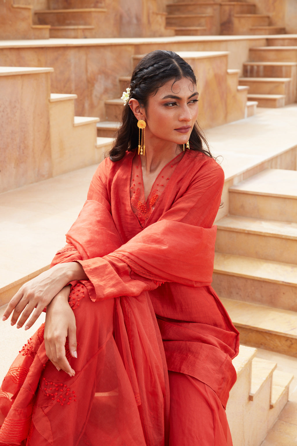 Orange Silk Organza Sharara Set at Kamakhyaa by Chambray & Co.. This item is Chambray & Co, Embroidered, Indian Wear, Natural, Orange, Party Wear, Regular Fit, Riwayat, Sharara and Gharara Sets, Silk, Womenswear