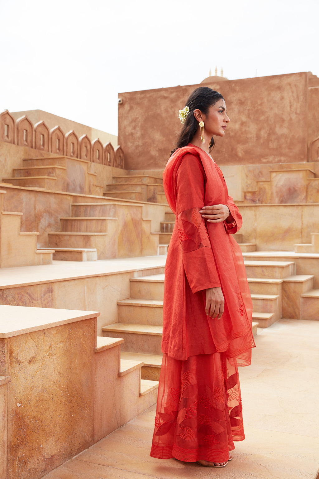 Orange Silk Organza Sharara Set at Kamakhyaa by Chambray & Co.. This item is Chambray & Co, Embroidered, Indian Wear, Natural, Orange, Party Wear, Regular Fit, Riwayat, Sharara and Gharara Sets, Silk, Womenswear