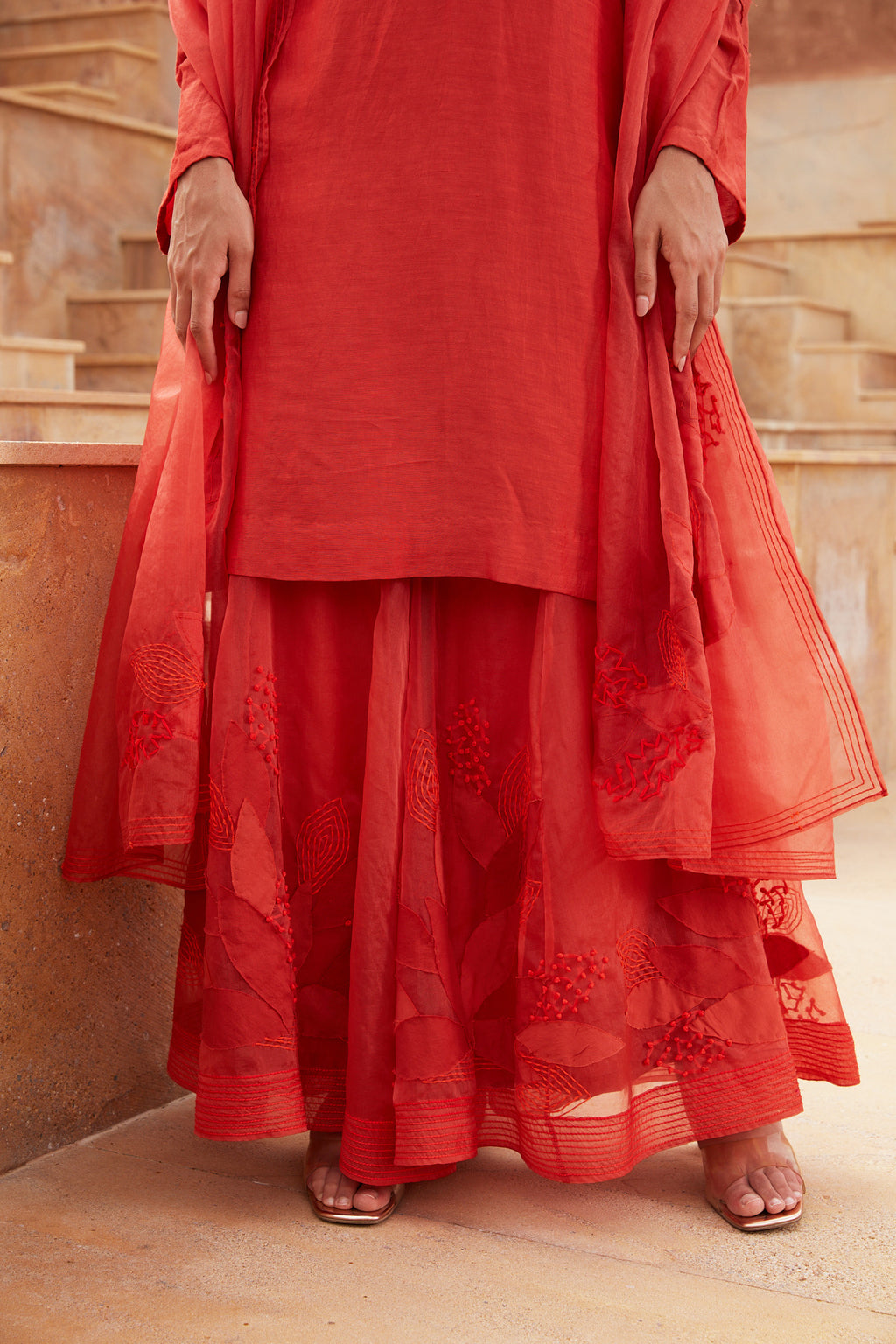 Orange Silk Organza Sharara Set at Kamakhyaa by Chambray & Co.. This item is Chambray & Co, Embroidered, Indian Wear, Natural, Orange, Party Wear, Regular Fit, Riwayat, Sharara and Gharara Sets, Silk, Womenswear