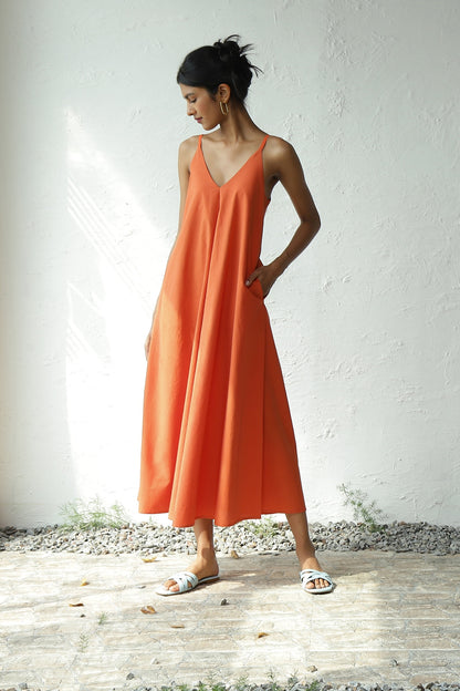 Orange Sleeveless Cotton Maxi Dress at Kamakhyaa by Canoopi. This item is Canoopi, Casual Wear, Dresses, Natural, Orange, Poplin, Regular Fit, Sleeveless Dresses, Solids, Womenswear