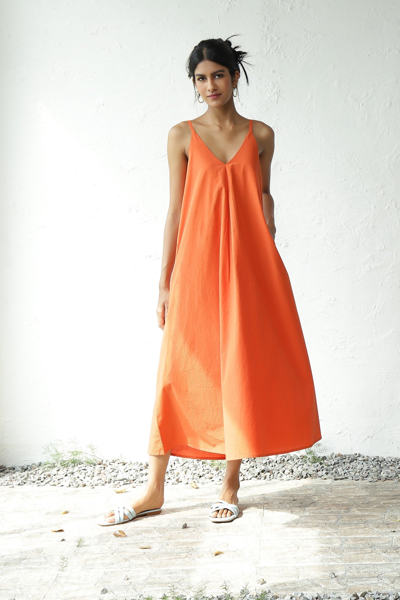 Orange Sleeveless Cotton Maxi Dress at Kamakhyaa by Canoopi. This item is Canoopi, Casual Wear, Dresses, Natural, Orange, Poplin, Regular Fit, Sleeveless Dresses, Solids, Womenswear