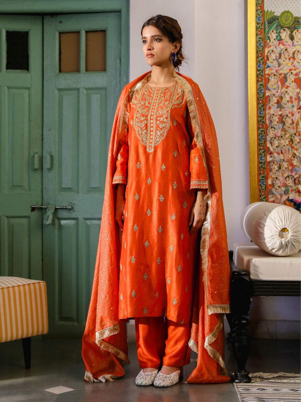 Orange Zari Embroidered Kurta Set with Dupatta at Kamakhyaa by RoohbyRidhimaa. This item is Chanderi Silk, Dupattas, Festive Wear, Kurta Set with Dupattas, Kurta Sets, Orange, Relaxed Fit, Sequins, Silk Chanderi, Toxin free, Viscose Raw Silk, Zari Embroidered