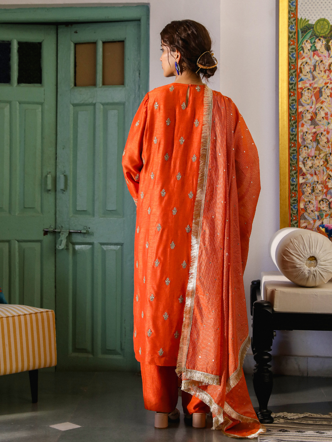 Orange Zari Embroidered Kurta Set with Dupatta at Kamakhyaa by RoohbyRidhimaa. This item is Chanderi Silk, Dupattas, Festive Wear, Kurta Set with Dupattas, Kurta Sets, Orange, Relaxed Fit, Sequins, Silk Chanderi, Toxin free, Viscose Raw Silk, Zari Embroidered