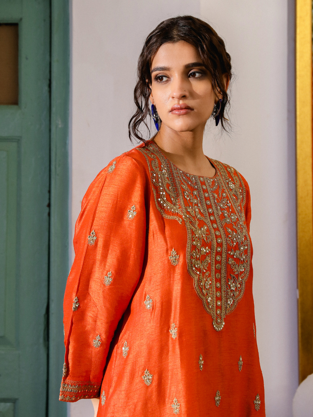 Orange Zari Embroidered Kurta Set with Dupatta at Kamakhyaa by RoohbyRidhimaa. This item is Chanderi Silk, Dupattas, Festive Wear, Kurta Set with Dupattas, Kurta Sets, Orange, Relaxed Fit, Sequins, Silk Chanderi, Toxin free, Viscose Raw Silk, Zari Embroidered